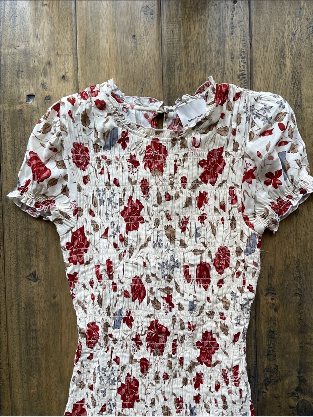 Reformation Kiria Smocked Midi
Dress in Gwendoline Cream Red - Picture 3 of 7